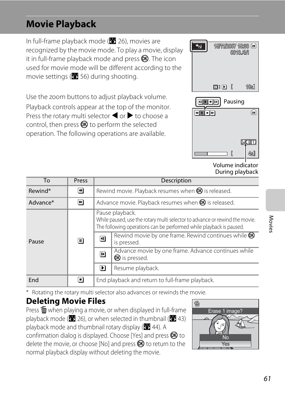 Movie playback, Deleting movie files | Nikon S510 User Manual | Page 73 / 148