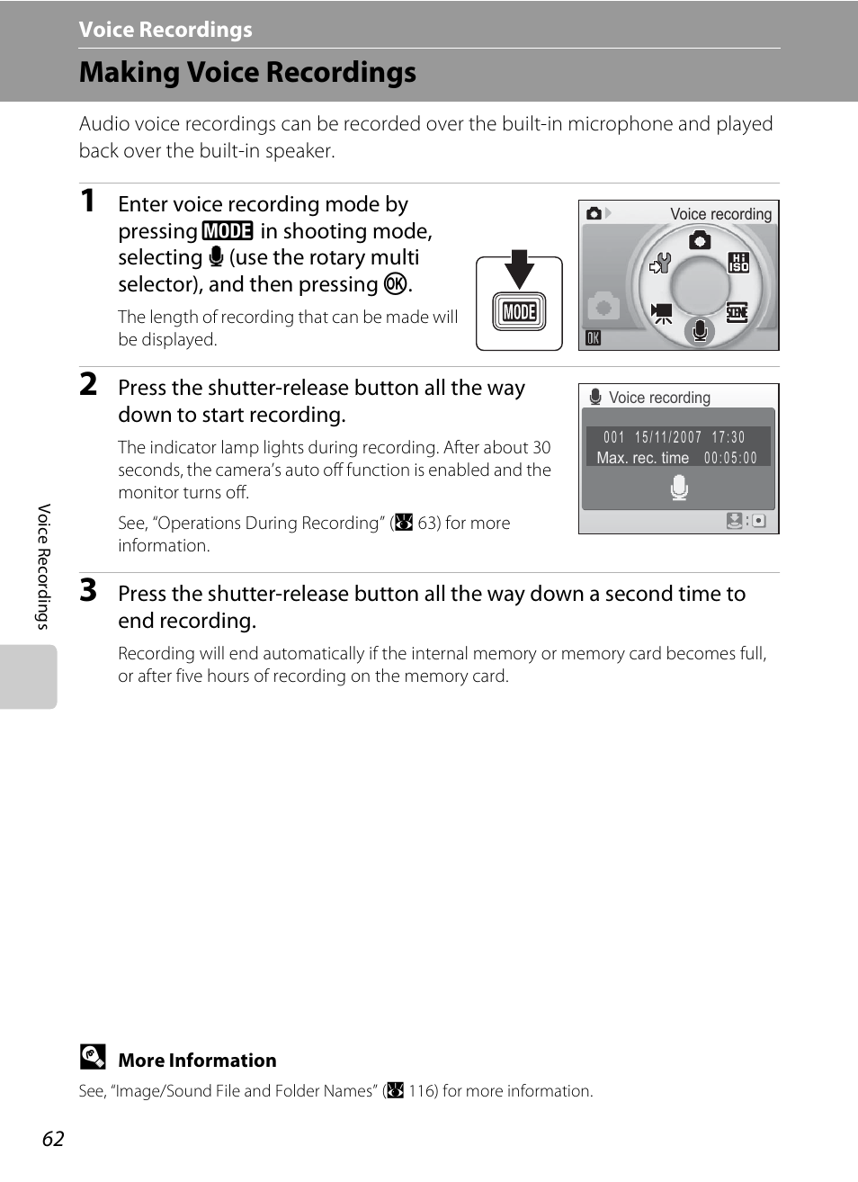 Voice recordings, Making voice recordings, E voice recordings | A 62) | Nikon S510 User Manual | Page 74 / 148
