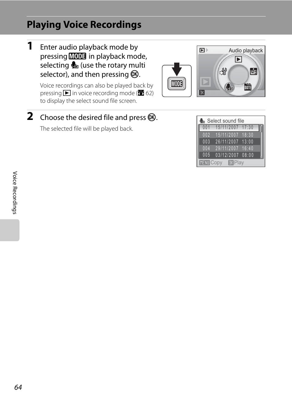 Playing voice recordings, A 64), A 64 | Nikon S510 User Manual | Page 76 / 148