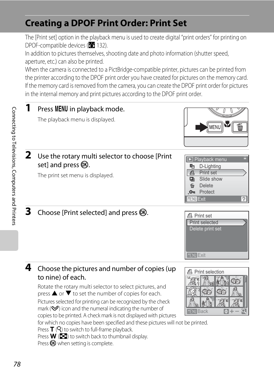 Creating a dpof print order: print set, A 78), A 78 | Nikon S510 User Manual | Page 90 / 148