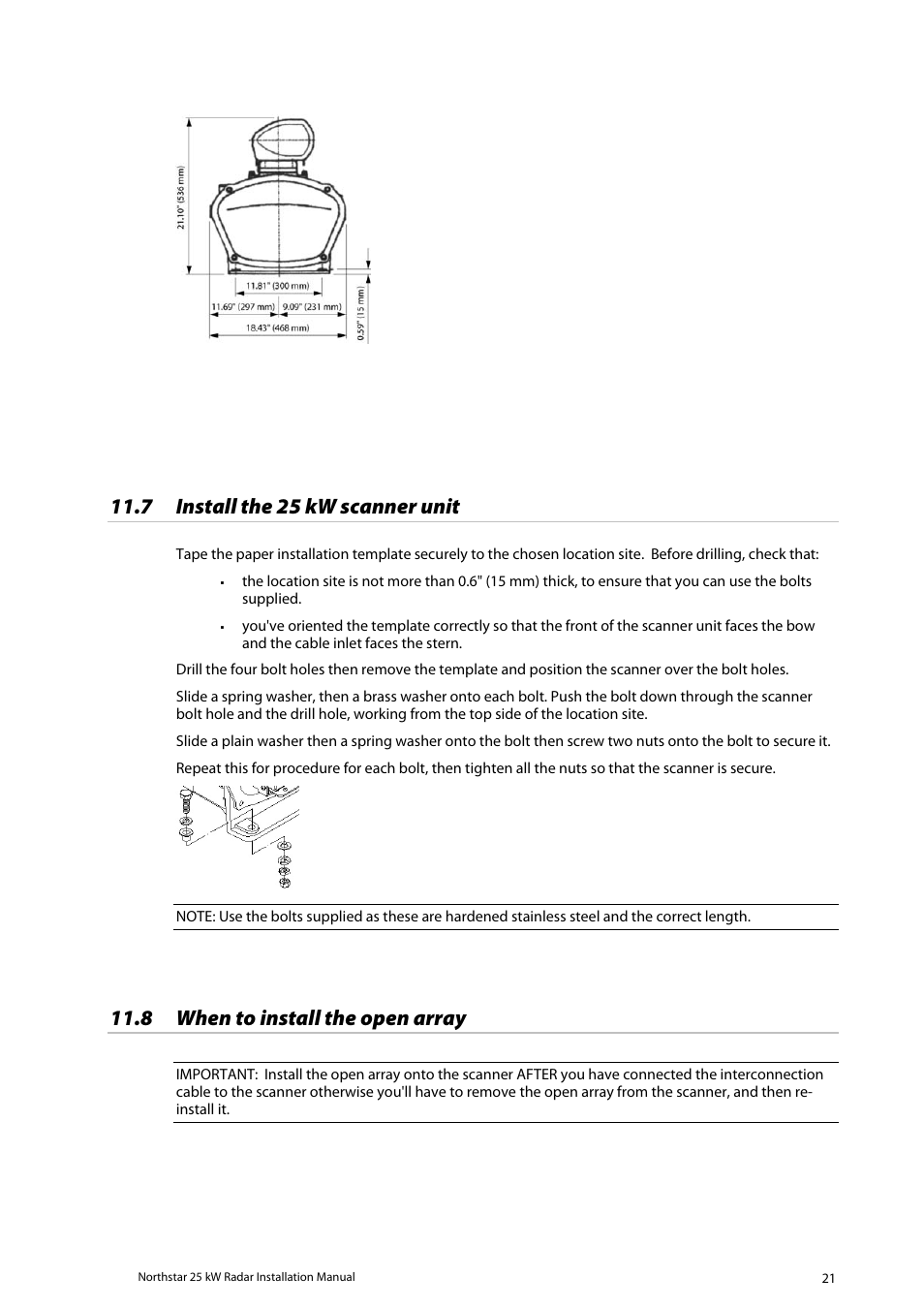 Install the 25 kw scanner unit, When to install the open array, 7 install the 25 kw scanner unit | 8 when to install the open array | North Star 10 kW User Manual | Page 21 / 53