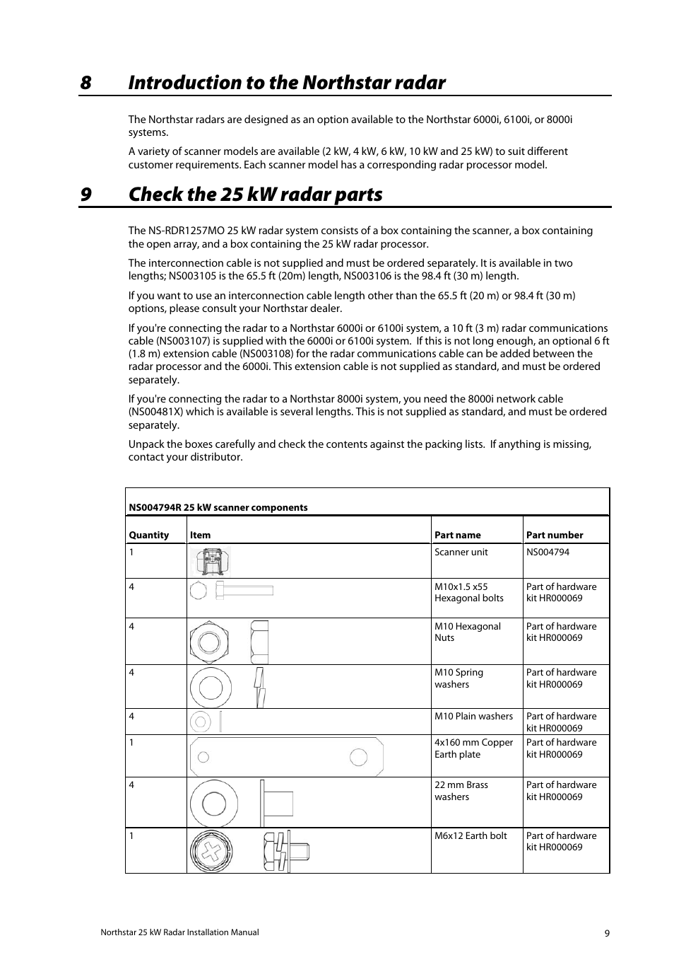 Introduction to the northstar radar, Check the 25 kw radar parts, 8introduction to the northstar radar | 9check the 25 kw radar parts | North Star 10 kW User Manual | Page 9 / 53