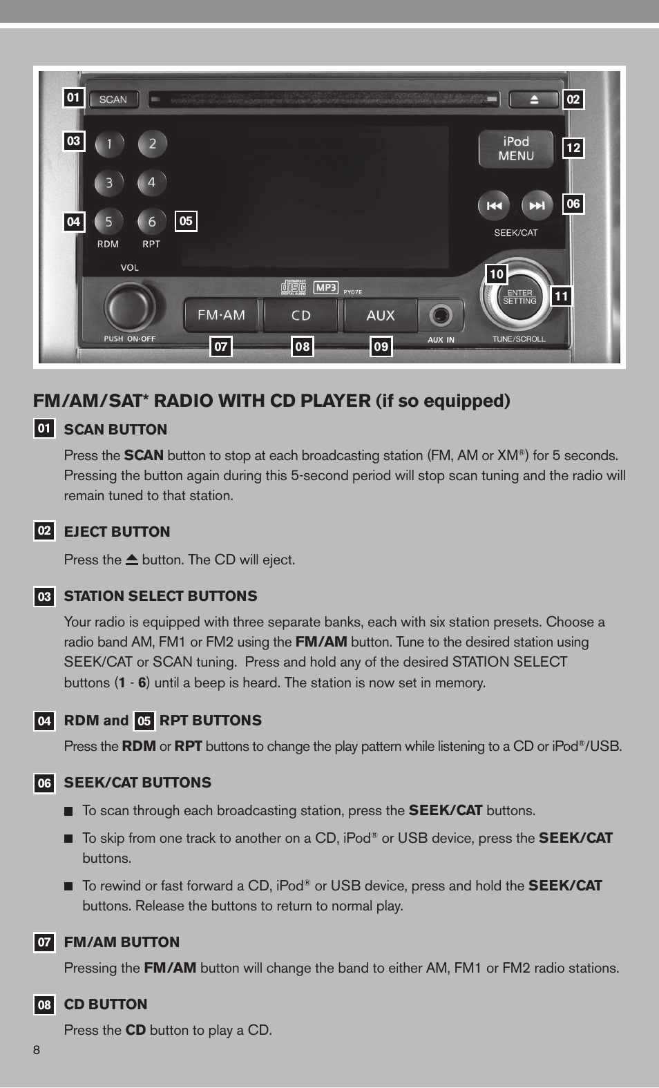 Fm/am/sat* radio with cd player (if so equipped) | NISSAN 2010 Cube User Manual | Page 10 / 20
