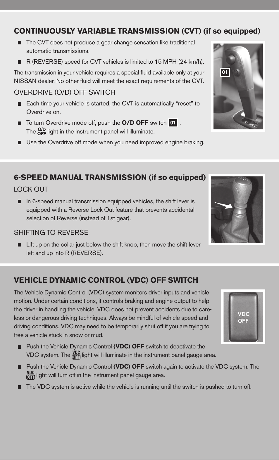 Vehicle dynamic control (vdc) off switch, Speed manual transmission (if so equipped) | NISSAN 2010 Cube User Manual | Page 13 / 20