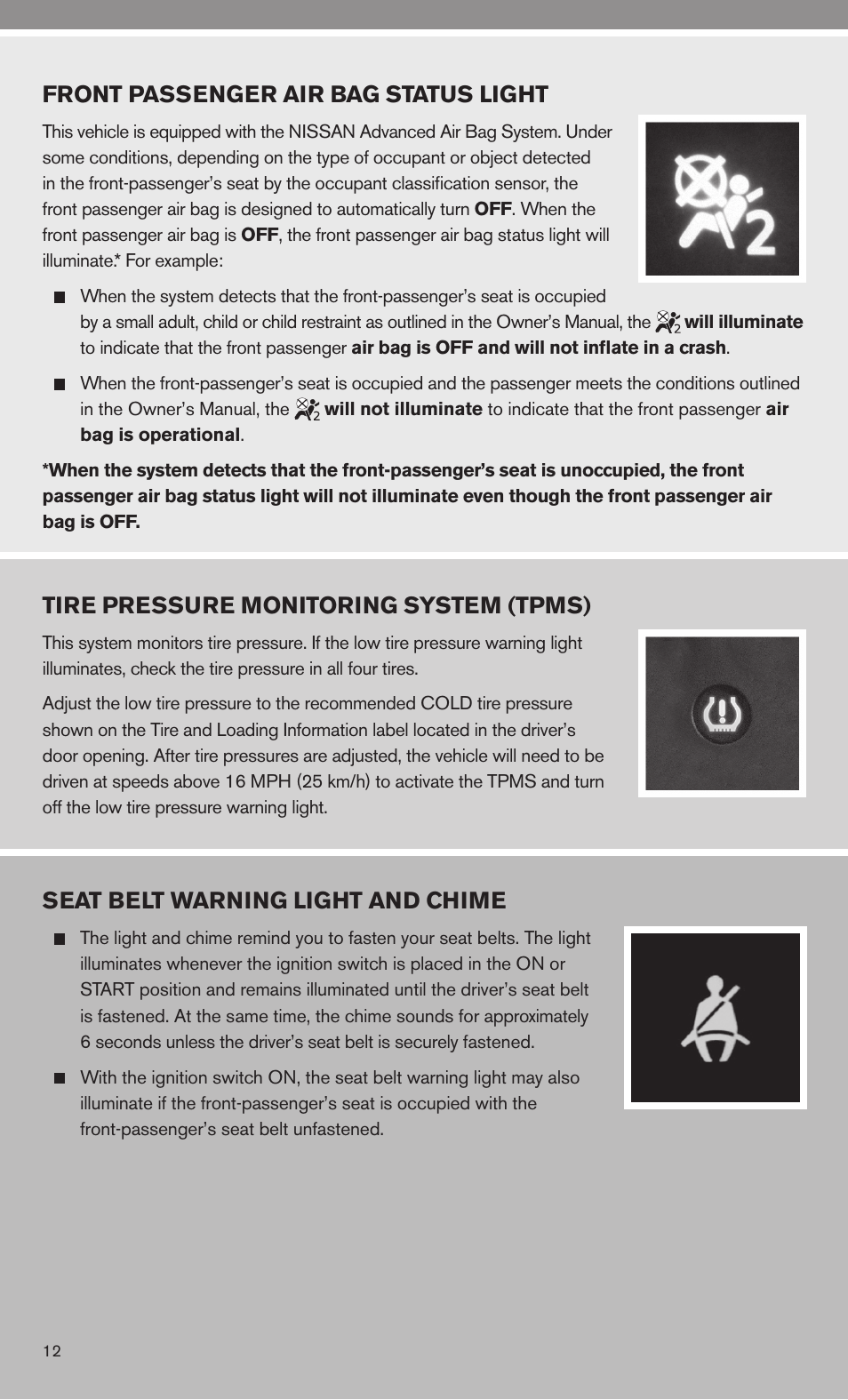 Front passenger air bag status light, Tire pressure monitoring system (tpms), Seat belt warning light and chime | NISSAN 2010 Cube User Manual | Page 14 / 20