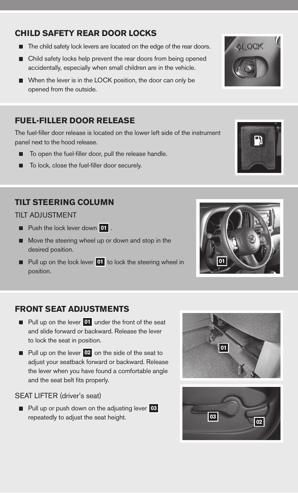 Child safety rear door locks, Fuel-filler door release, Tilt steering column | Front seat adjustments | NISSAN 2010 Cube User Manual | Page 15 / 20