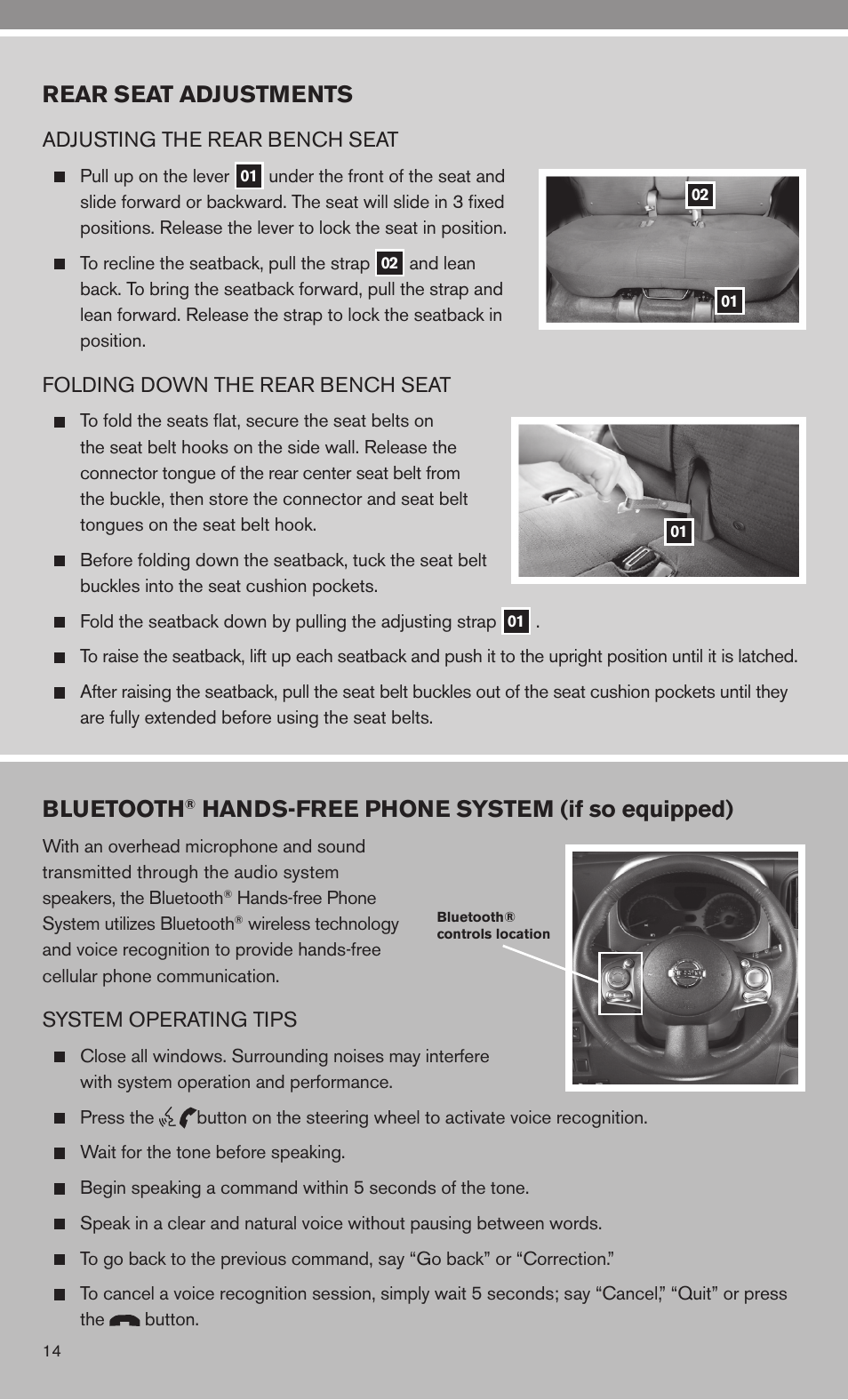 Rear seat adjustments, Bluetooth, Hands-free phone system (if so equipped) | NISSAN 2010 Cube User Manual | Page 16 / 20
