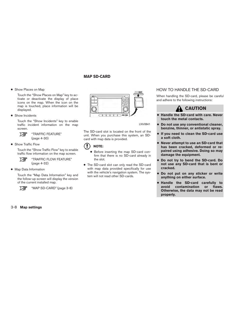 Map sd-card -8, How to handle the sd-card -8, Caution | NISSAN 2011 Rogue User Manual | Page 24 / 82