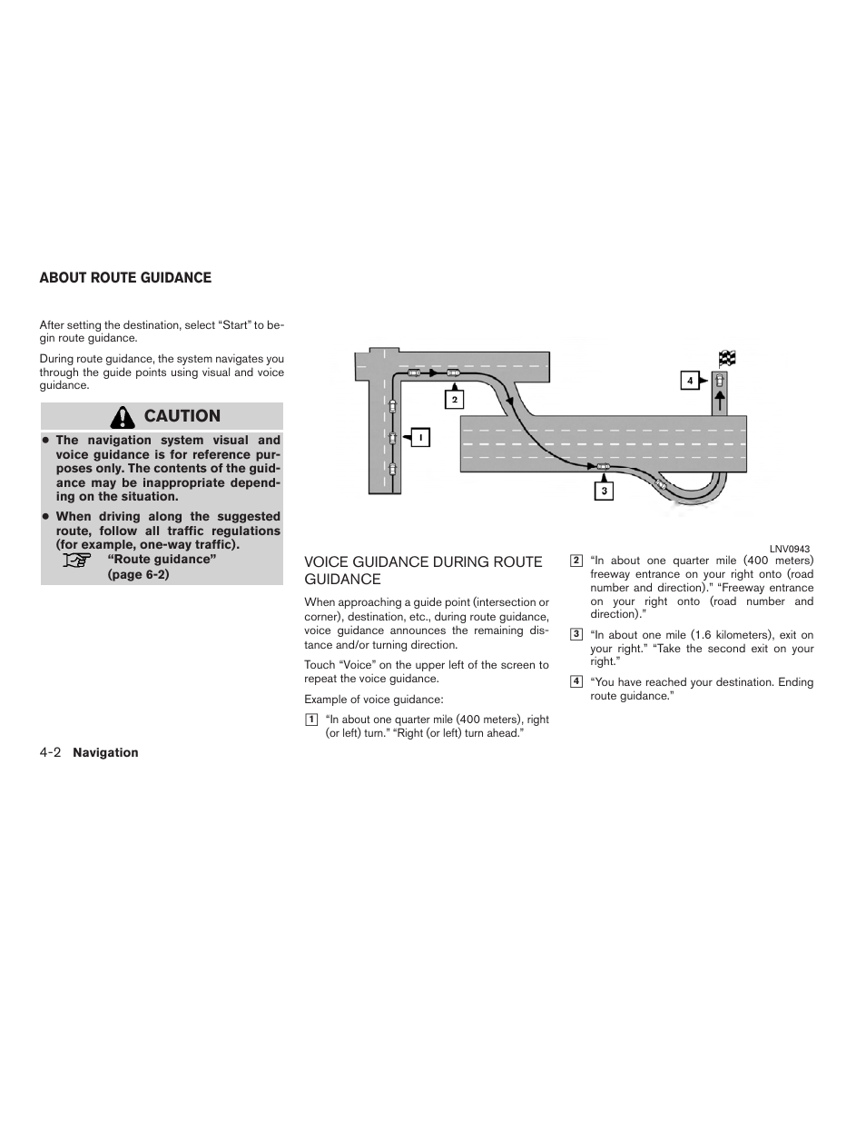 About route guidance -2, Voice guidance during route guidance -2, Caution | NISSAN 2011 Rogue User Manual | Page 30 / 82