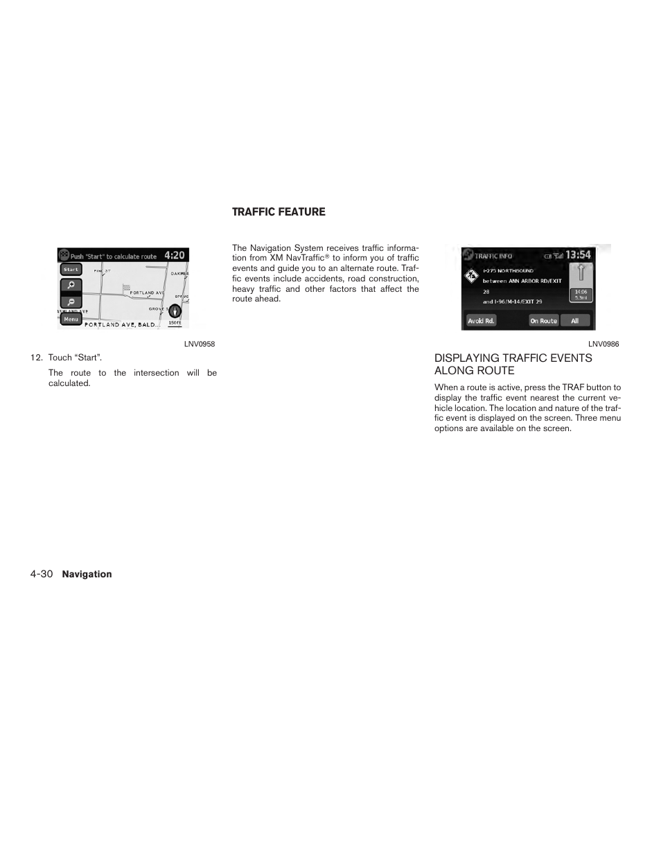 Traffic feature -30, Displaying traffic events along route -30 | NISSAN 2011 Rogue User Manual | Page 58 / 82