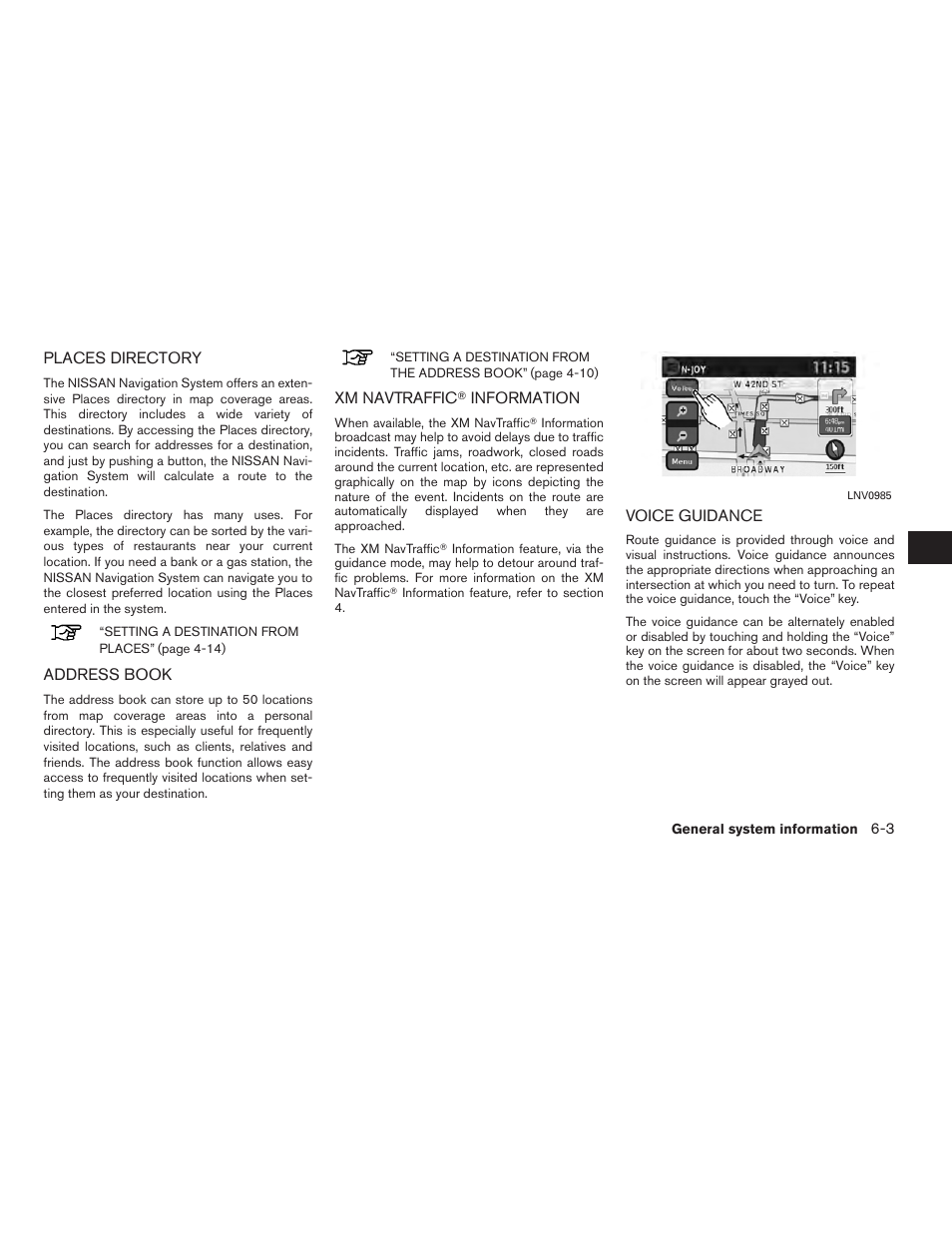 Places directory -3 address book -3 xm navtraffic, Information -3, Voice guidance -3 | NISSAN 2011 Rogue User Manual | Page 69 / 82