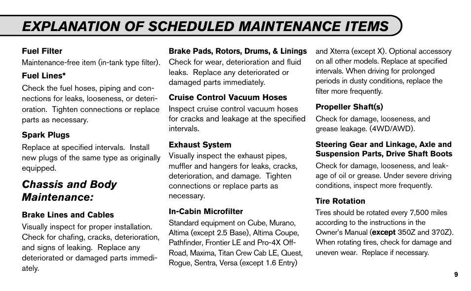 Explanation of scheduled maintenance items, Chassis and body maintenance | NISSAN 2009 Z Roadster User Manual | Page 10 / 59
