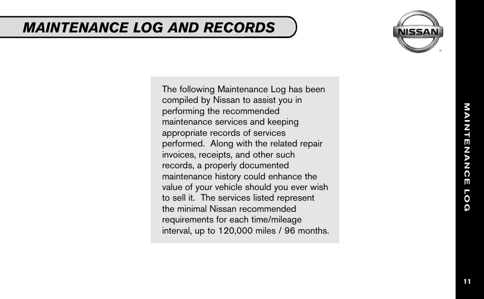 Maintenance log and records | NISSAN 2009 Z Roadster User Manual | Page 12 / 59