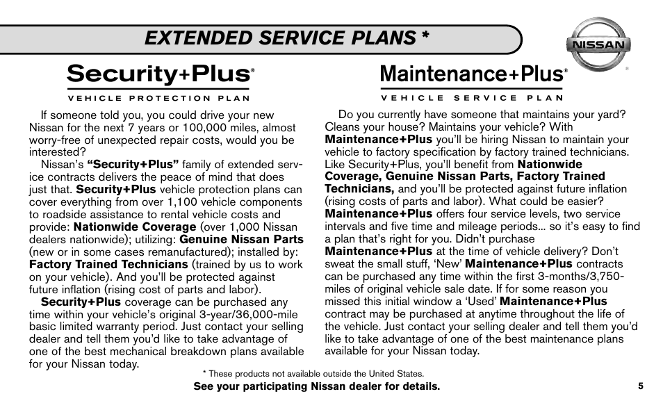 Extended service plans | NISSAN 2009 Z Roadster User Manual | Page 6 / 59