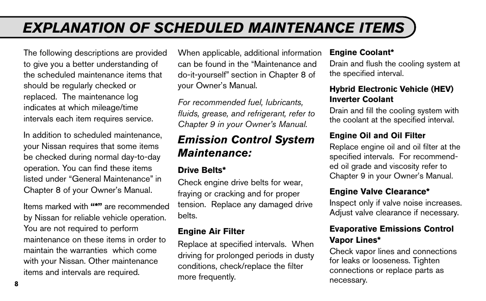 Explanation of scheduled maintenance items, Emission control system maintenance | NISSAN 2009 Z Roadster User Manual | Page 9 / 59