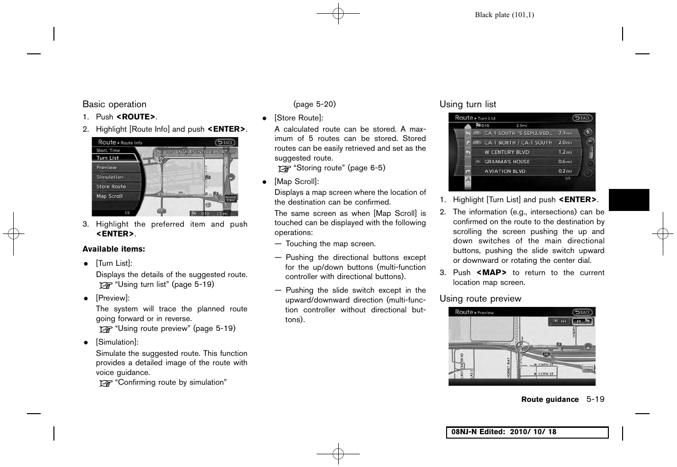 Basic operation, Using turn list, Using route preview | NISSAN 2011 Maxima User Manual | Page 100 / 233