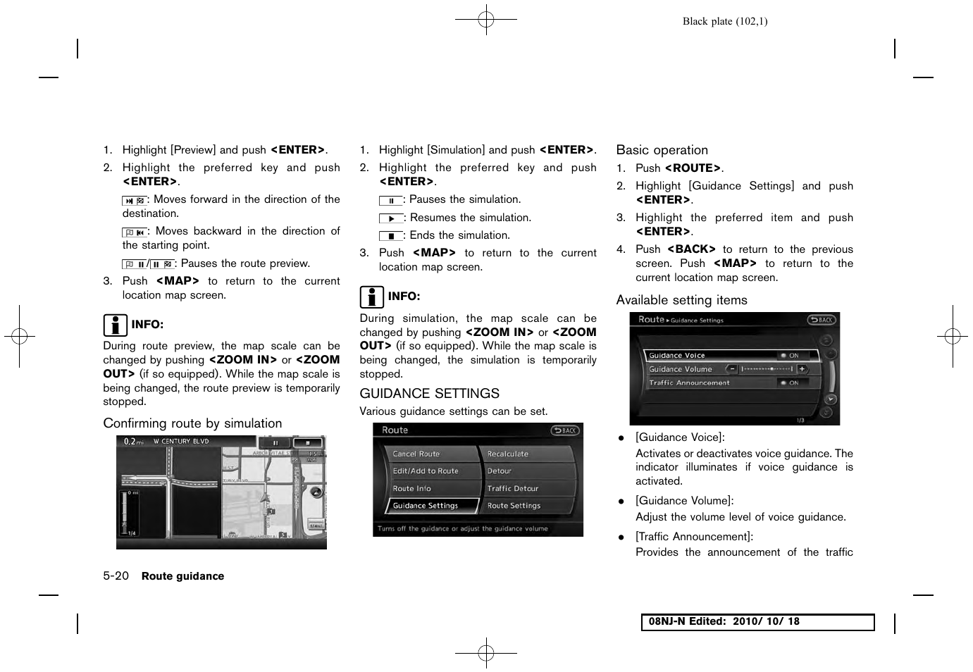 Confirming route by simulation, Guidance settings, Basic operation | Available setting items, Guidance settings -20 | NISSAN 2011 Maxima User Manual | Page 101 / 233