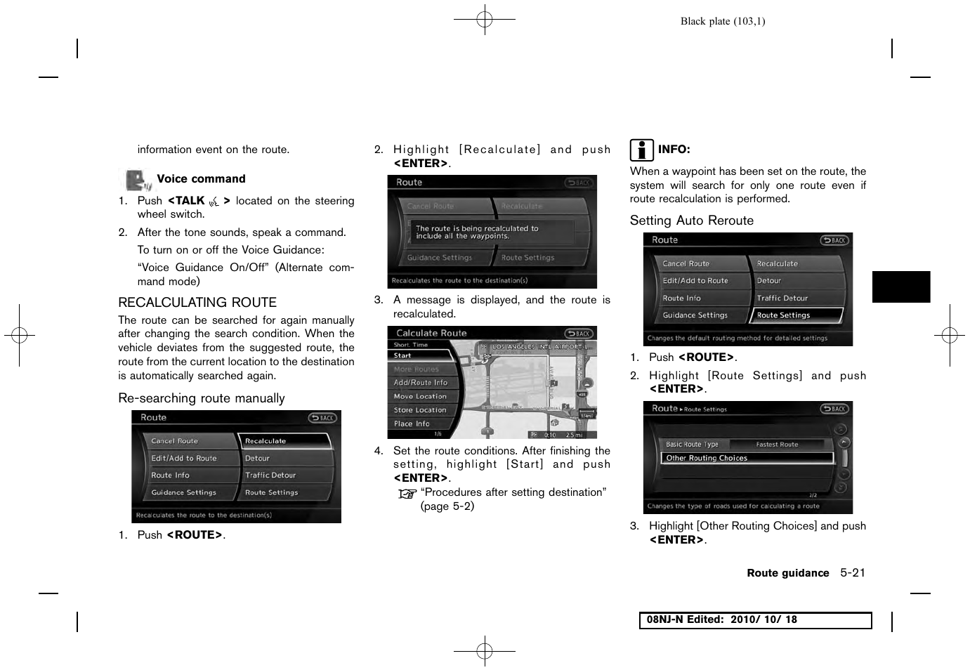 Recalculating route, Re-searching route manually, Setting auto reroute | Recalculating route -21 | NISSAN 2011 Maxima User Manual | Page 102 / 233