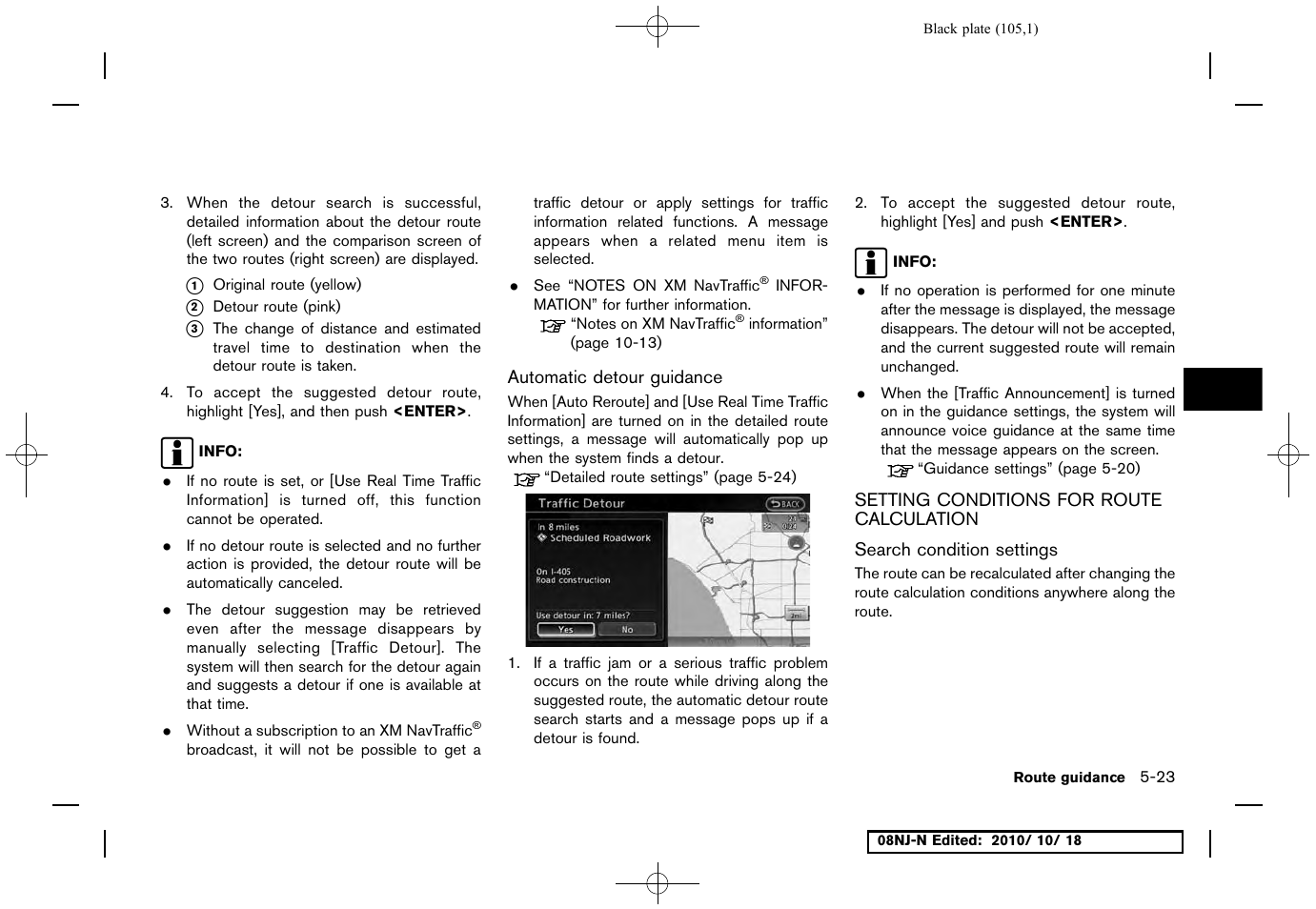 Automatic detour guidance, Setting conditions for route calculation, Search condition settings | Setting conditions for route calculation -23 | NISSAN 2011 Maxima User Manual | Page 104 / 233