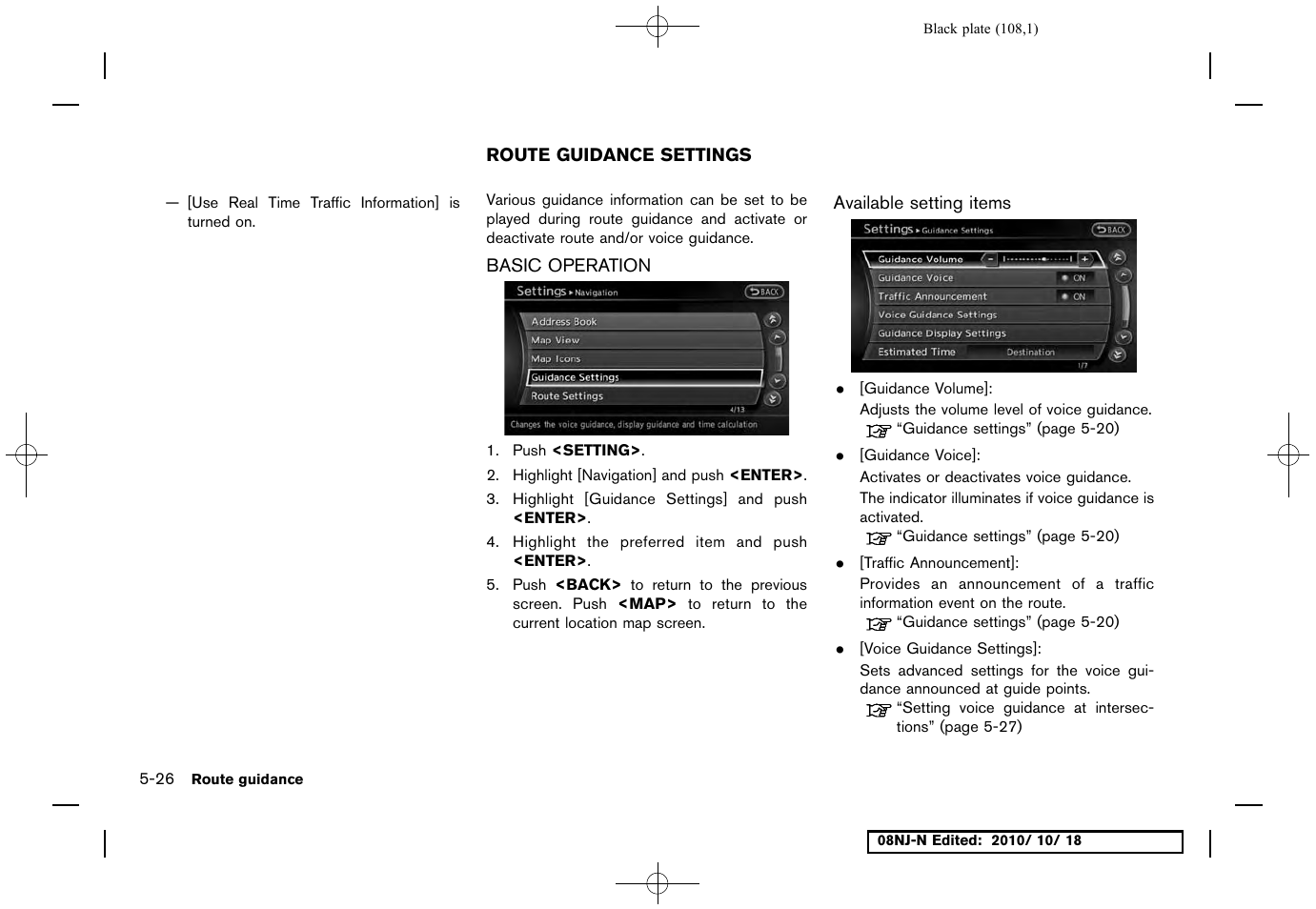 Route guidance settings, Basic operation, Available setting items | Route guidance settings -26, Basic operation -26 | NISSAN 2011 Maxima User Manual | Page 107 / 233