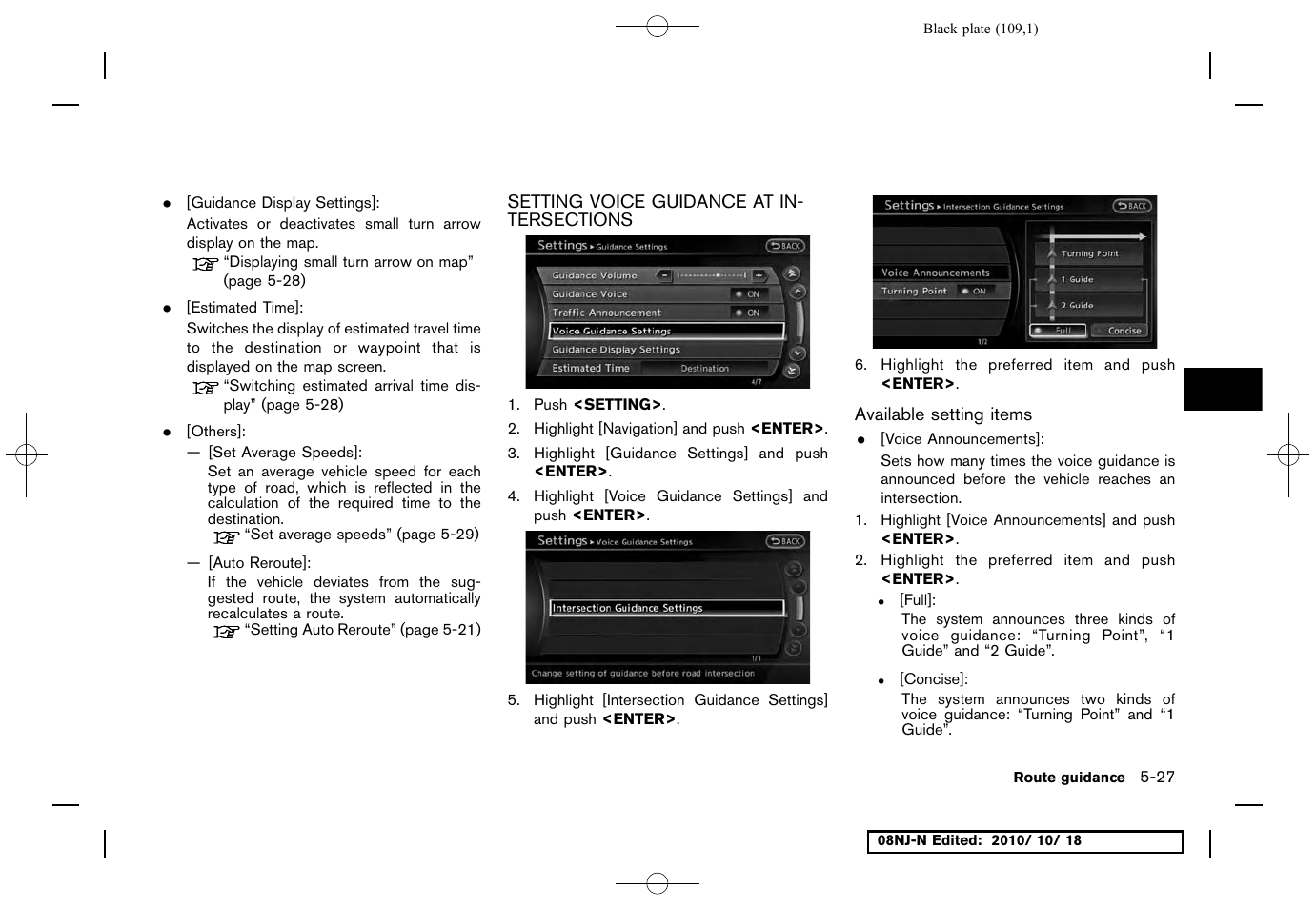 Setting voice guidance at intersections, Available setting items, Setting voice guidance at intersections -27 | NISSAN 2011 Maxima User Manual | Page 108 / 233