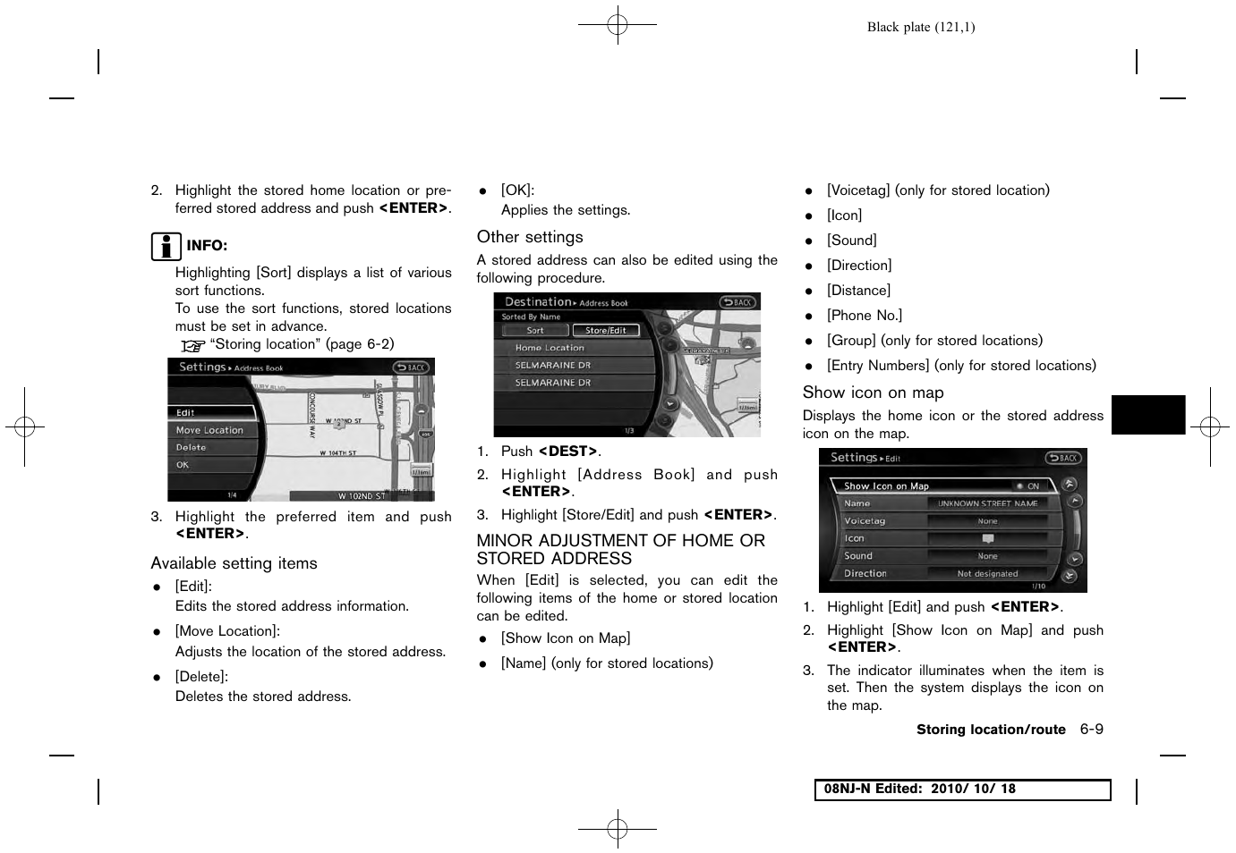 Available setting items, Other settings, Minor adjustment of home or stored address | Show icon on map, Minor adjustment of home or stored address -9 | NISSAN 2011 Maxima User Manual | Page 120 / 233
