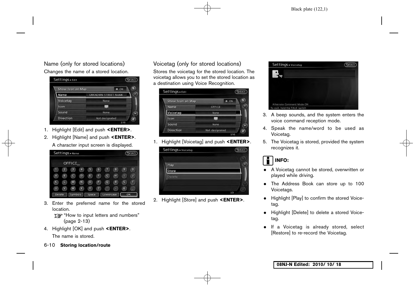 Name (only for stored locations), Voicetag (only for stored locations) | NISSAN 2011 Maxima User Manual | Page 121 / 233