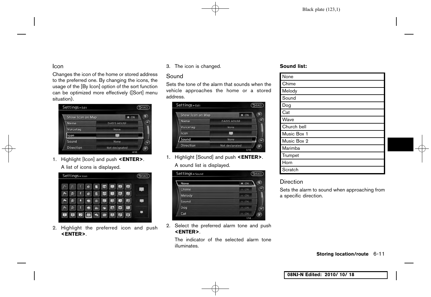 Icon, Sound, Direction | NISSAN 2011 Maxima User Manual | Page 122 / 233