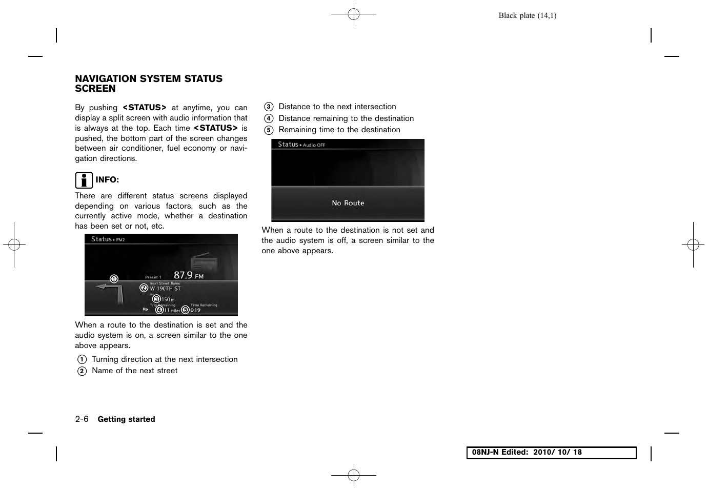 Navigation system status screen, Navigation system status screen -6 | NISSAN 2011 Maxima User Manual | Page 13 / 233