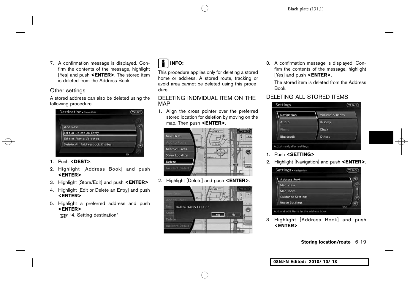 Other settings, Deleting individual item on the map, Deleting all stored items | NISSAN 2011 Maxima User Manual | Page 130 / 233