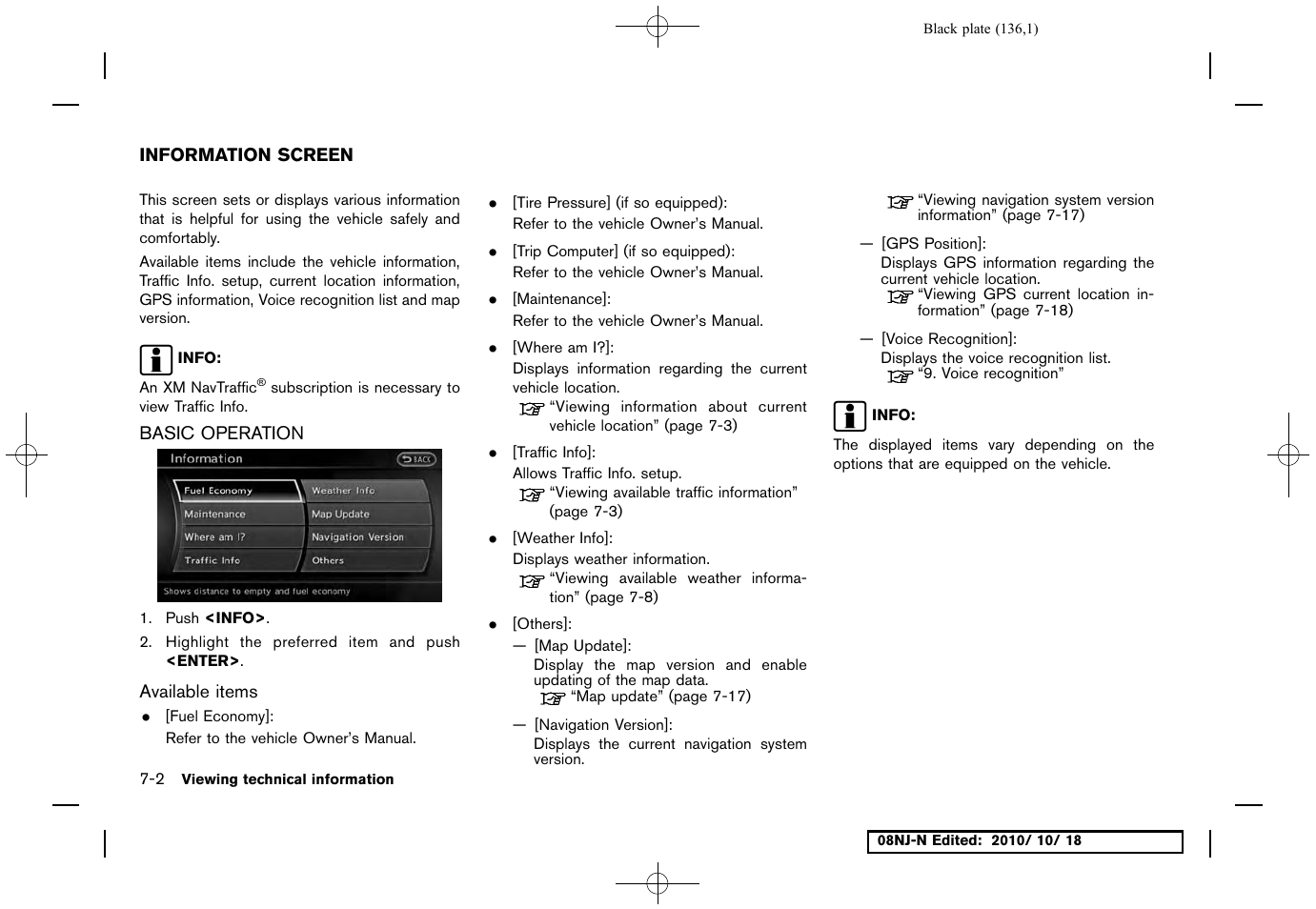 Information screen, Basic operation, Available items | Information screen -2, Basic operation -2 | NISSAN 2011 Maxima User Manual | Page 135 / 233