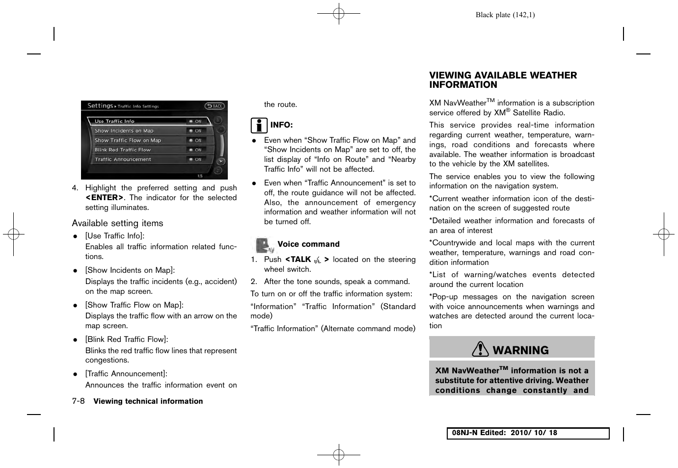 Available setting items, Viewing available weather information, Viewing available weather information -8 | Warning | NISSAN 2011 Maxima User Manual | Page 141 / 233