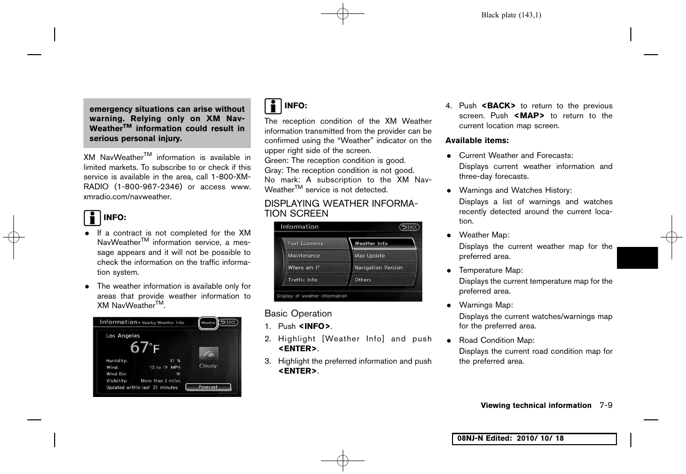 Displaying weather information screen, Basic operation, Displaying weather information screen -9 | NISSAN 2011 Maxima User Manual | Page 142 / 233