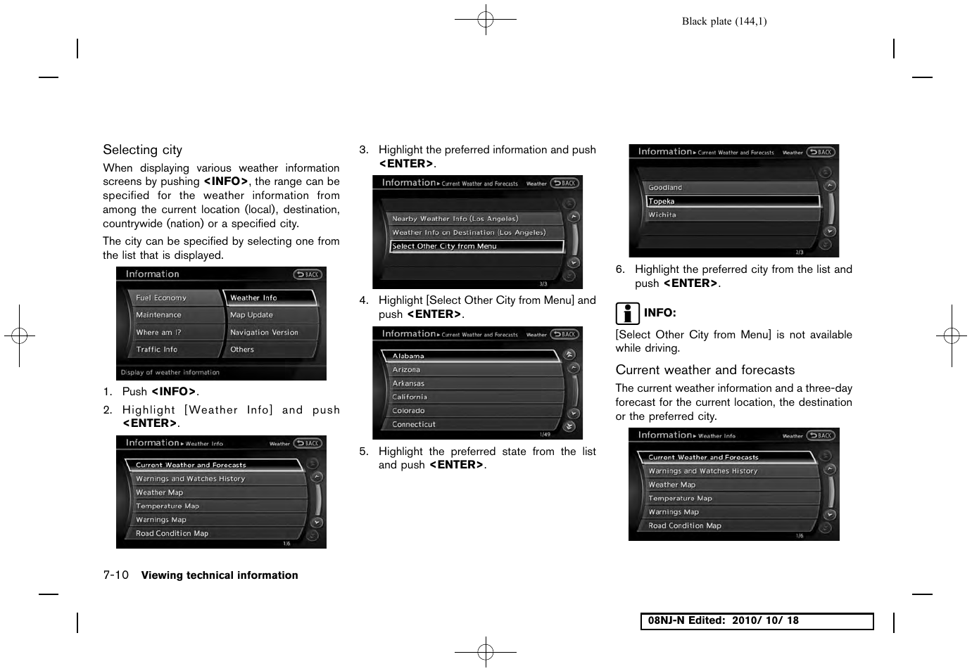 Selecting city, Current weather and forecasts | NISSAN 2011 Maxima User Manual | Page 143 / 233