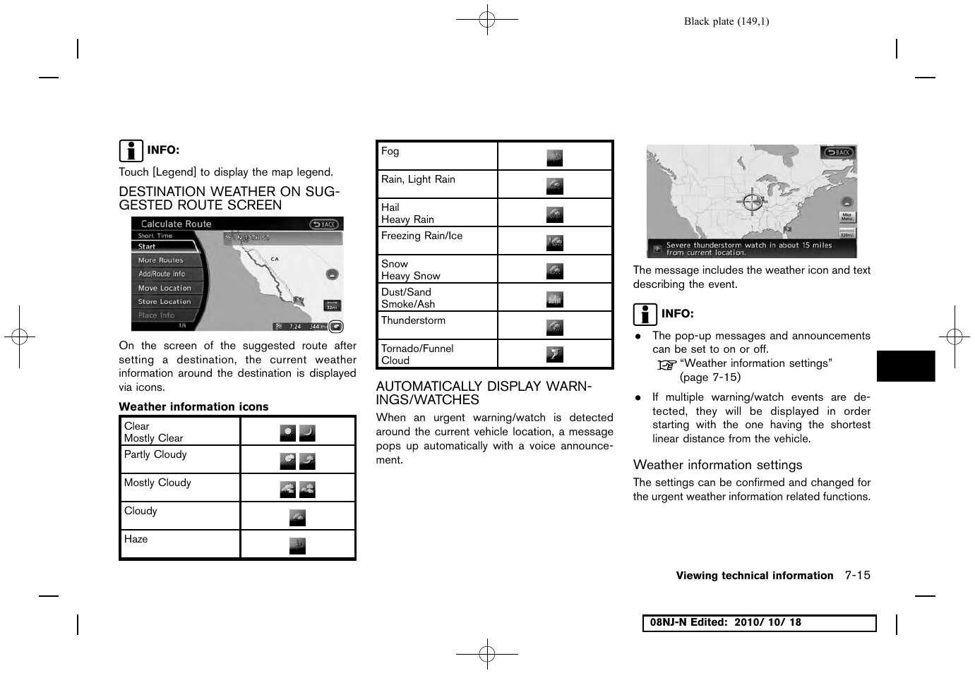 Destination weather on suggested route screen, Automatically display warnings/watches, Weather information settings | NISSAN 2011 Maxima User Manual | Page 148 / 233