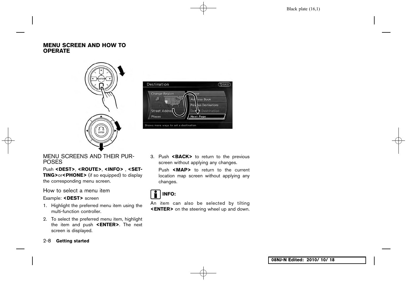 Menu screen and how to operate, Menu screens and their purposes, How to select a menu item | Menu screen and how to operate -8, Menu screens and their purposes -8 | NISSAN 2011 Maxima User Manual | Page 15 / 233