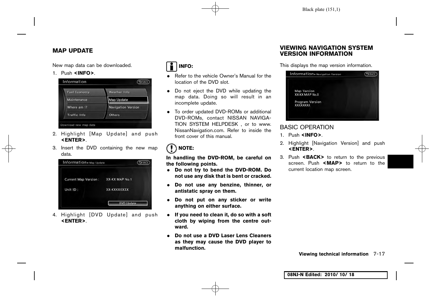 Map update, Viewing navigation system version information, Basic operation | Basic operation -17 | NISSAN 2011 Maxima User Manual | Page 150 / 233