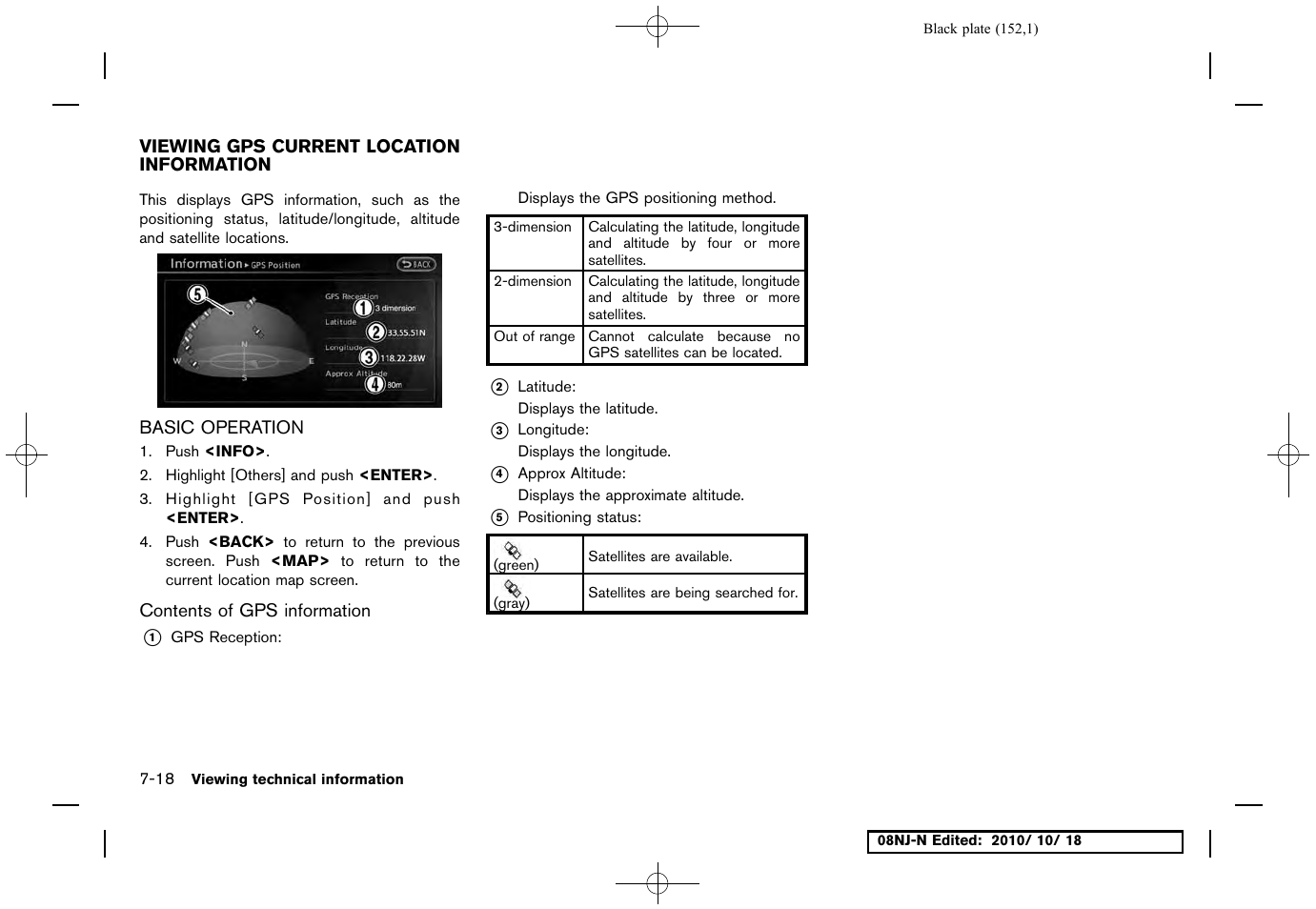 Viewing gps current location information, Basic operation, Contents of gps information | Viewing gps current location information -18, Basic operation -18 | NISSAN 2011 Maxima User Manual | Page 151 / 233