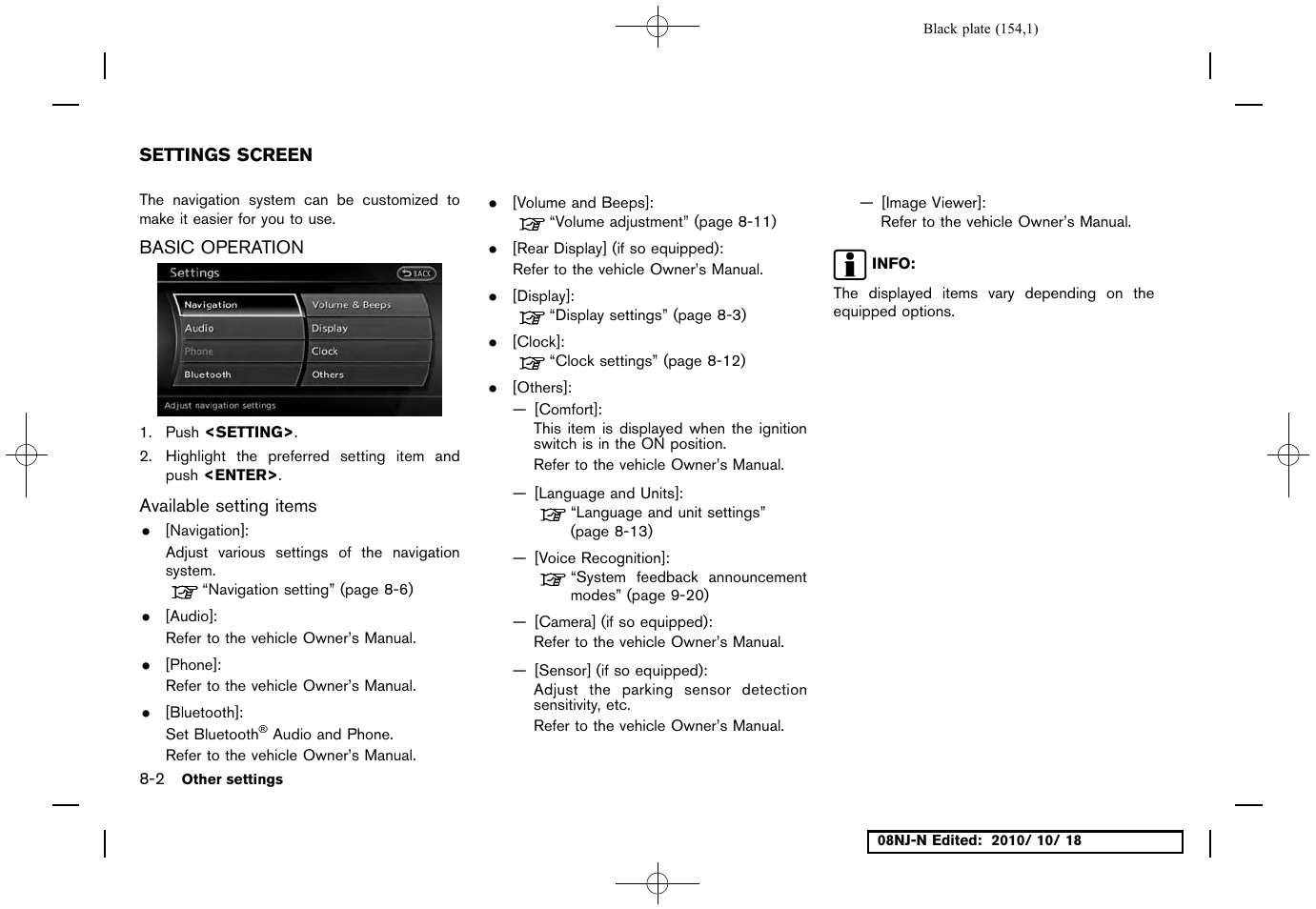 Settings screen, Basic operation, Available setting items | Settings screen -2, Basic operation -2, Other navigation settings -7 | NISSAN 2011 Maxima User Manual | Page 153 / 233