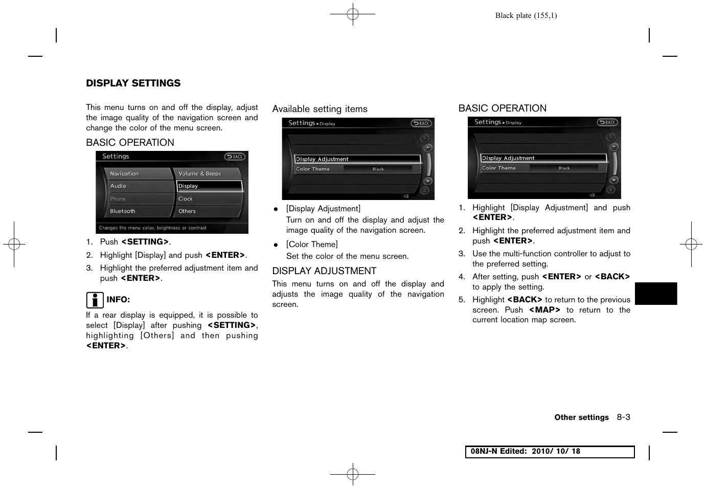 Display settings, Basic operation, Available setting items | Display adjustment, Display settings -3 | NISSAN 2011 Maxima User Manual | Page 154 / 233