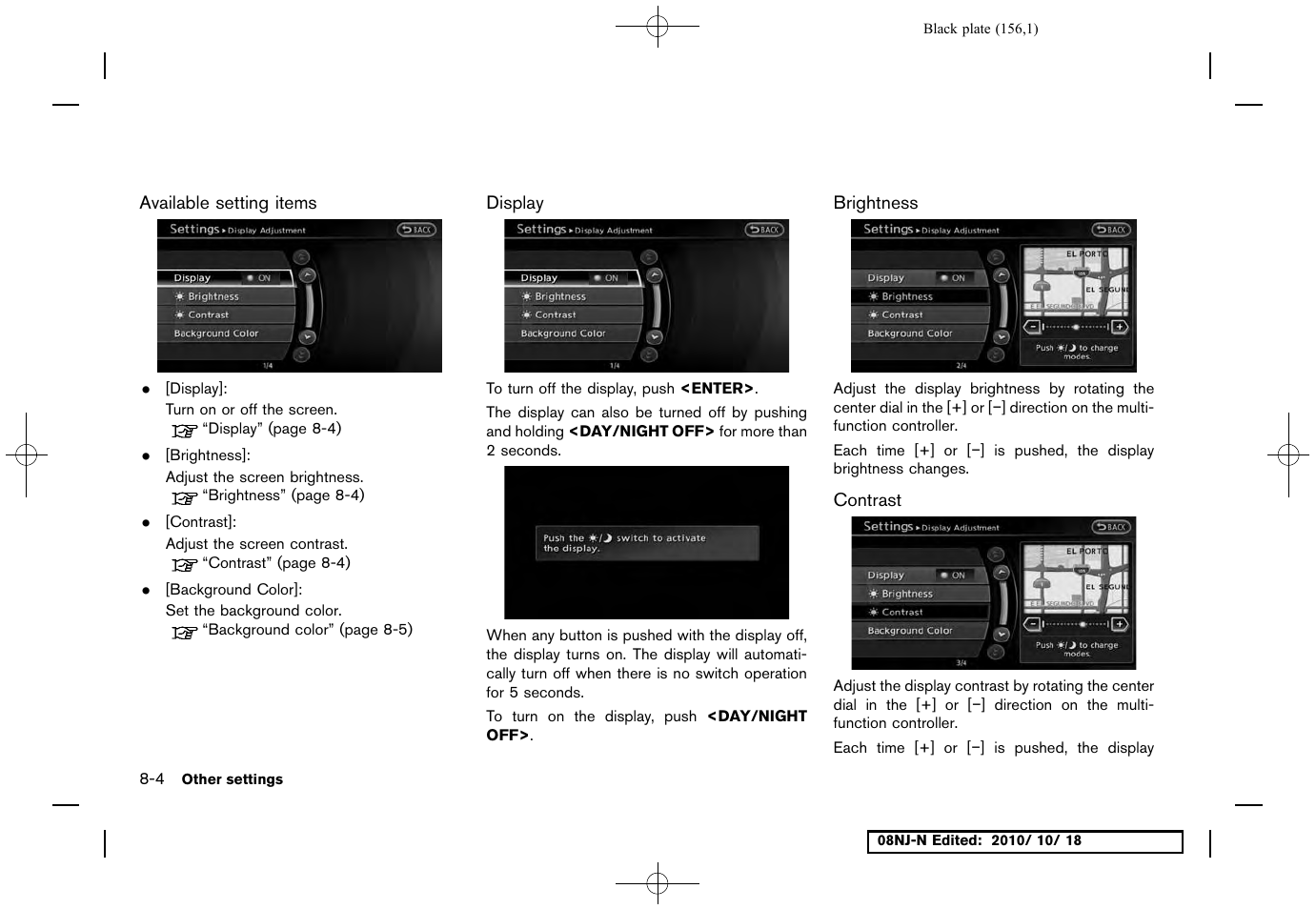 Available setting items, Display, Brightness | Contrast | NISSAN 2011 Maxima User Manual | Page 155 / 233