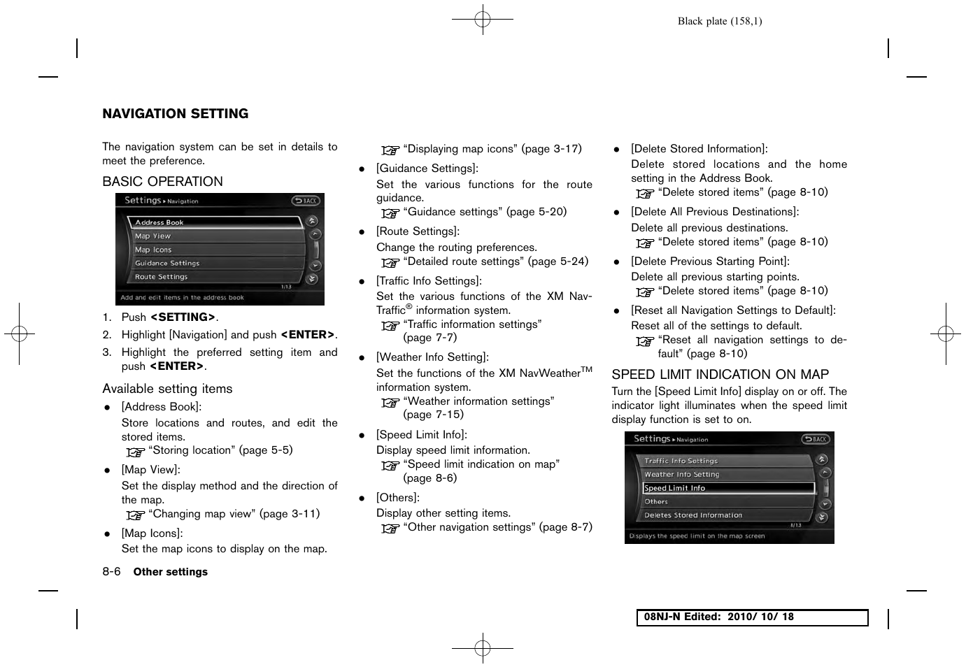 Navigation setting, Basic operation, Available setting items | Speed limit indication on map, Navigation setting -6 | NISSAN 2011 Maxima User Manual | Page 157 / 233