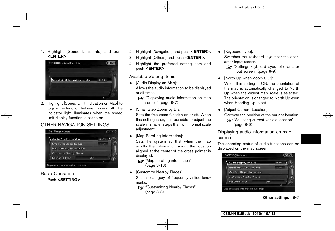 Other navigation settings, Basic operation, Available setting items | Displaying audio information on map screen | NISSAN 2011 Maxima User Manual | Page 158 / 233