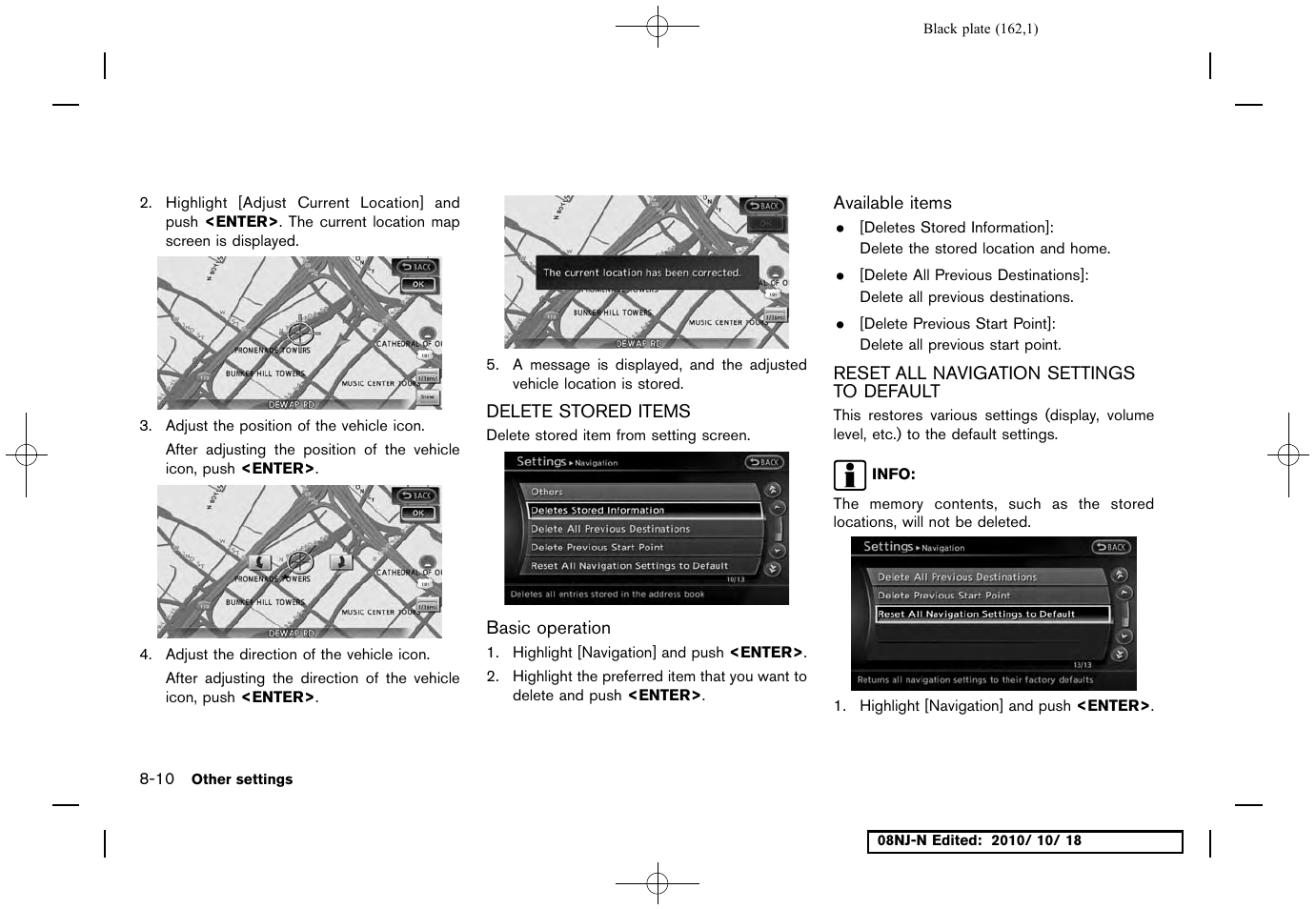 Delete stored items, Basic operation, Available items | Reset all navigation settings to default | NISSAN 2011 Maxima User Manual | Page 161 / 233