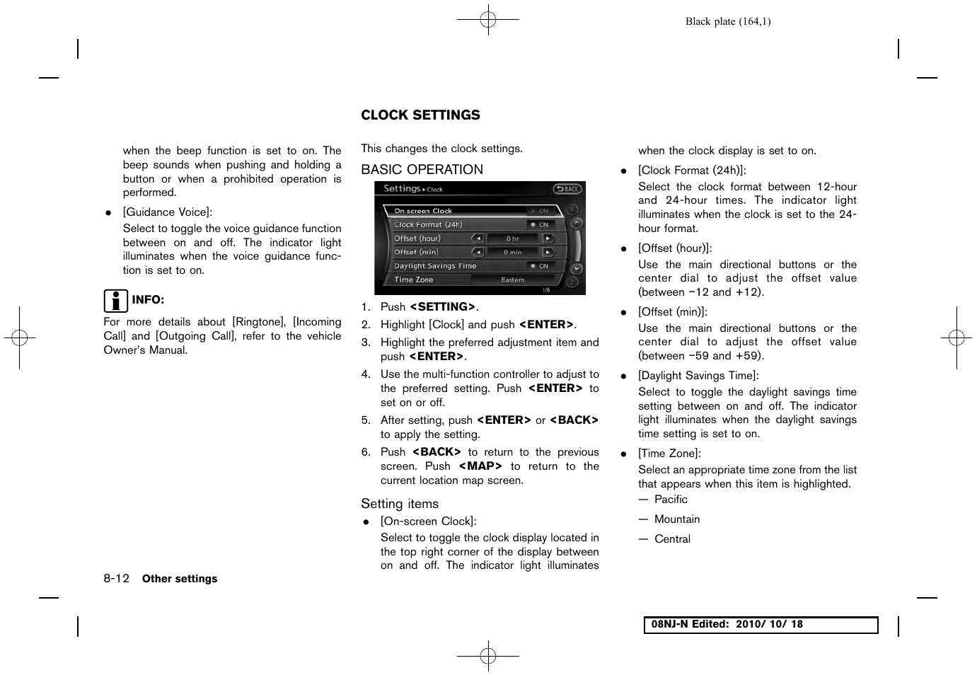 Clock settings, Basic operation, Setting items | Clock settings -12, Basic operation -12 | NISSAN 2011 Maxima User Manual | Page 163 / 233