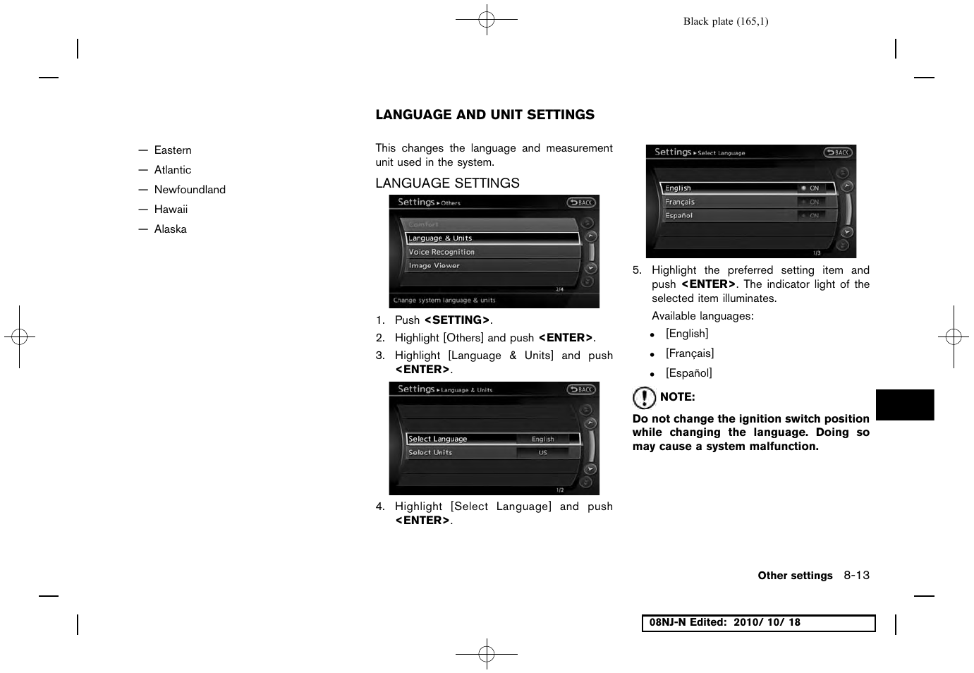 Language and unit settings, Language settings, Language and unit settings -13 | Language settings -13 | NISSAN 2011 Maxima User Manual | Page 164 / 233