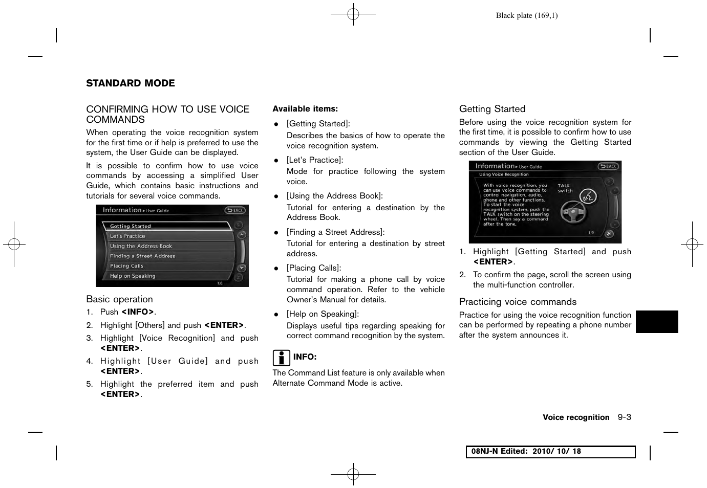 Standard mode, Confirming how to use voice commands, Basic operation | Getting started, Practicing voice commands, Standard mode -3, Confirming how to use voice commands -3 | NISSAN 2011 Maxima User Manual | Page 168 / 233