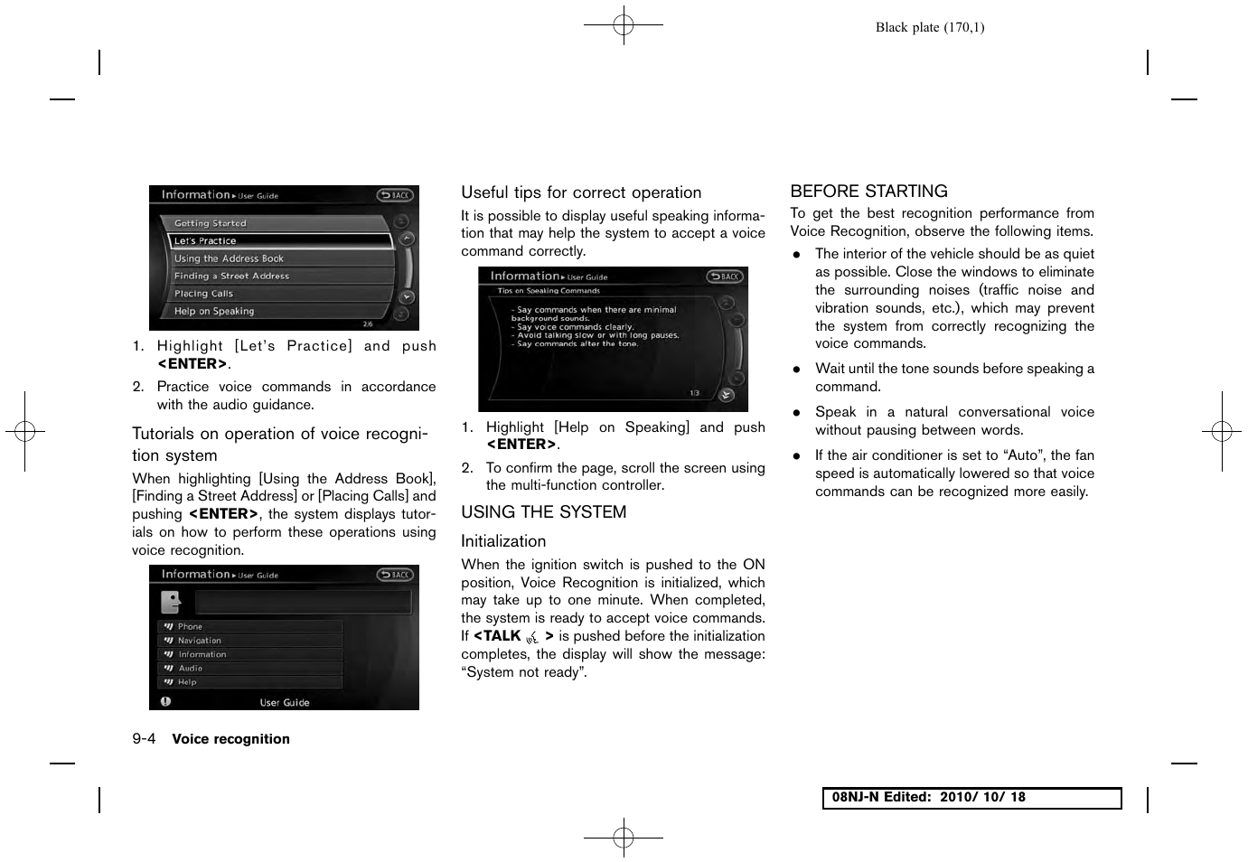 Tutorials on operation of voice recognition system, Useful tips for correct operation, Using the system | Initialization, Before starting, Using the system -4 before starting -4 | NISSAN 2011 Maxima User Manual | Page 169 / 233