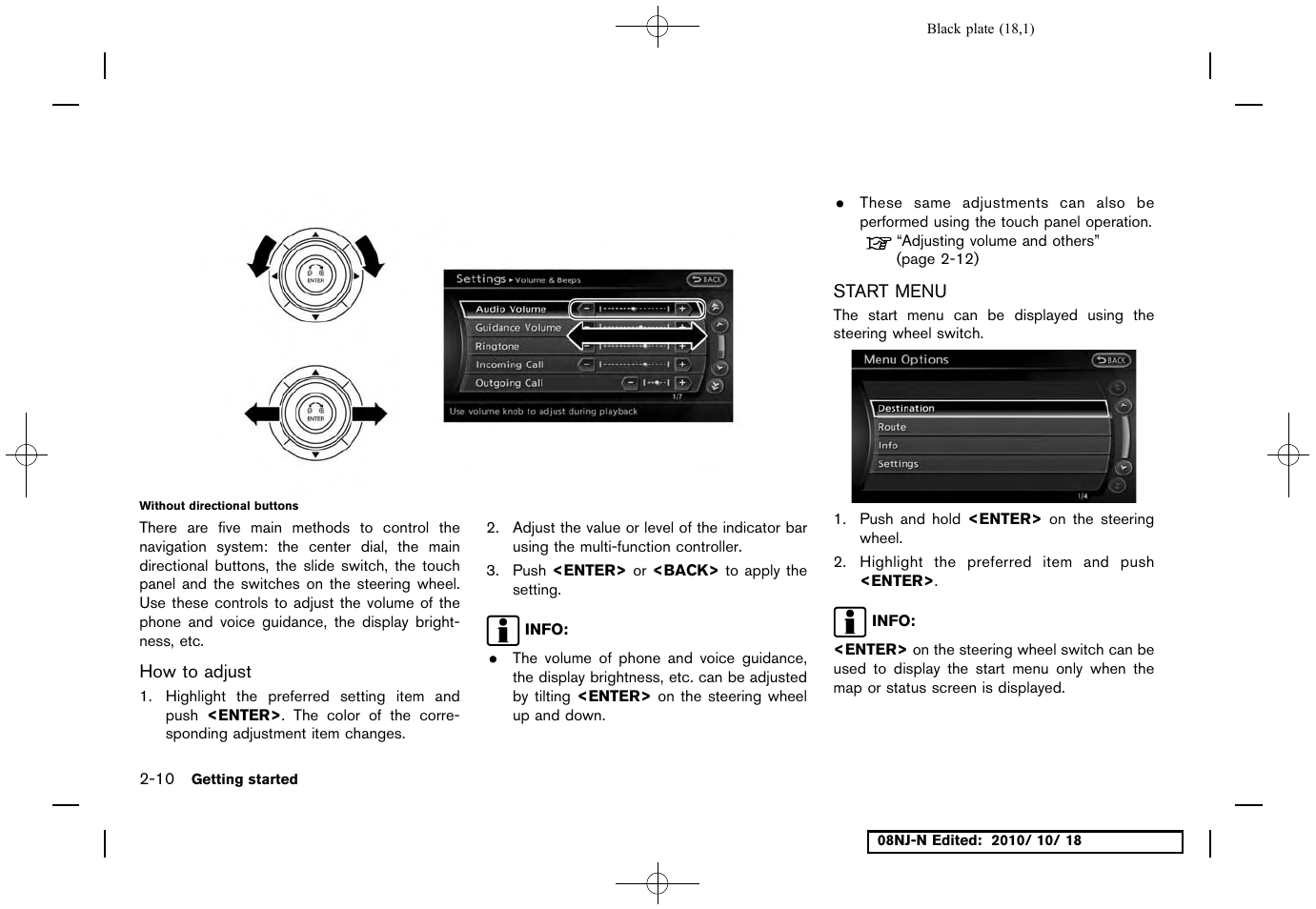 How to adjust, Start menu, Start menu -10 | NISSAN 2011 Maxima User Manual | Page 17 / 233