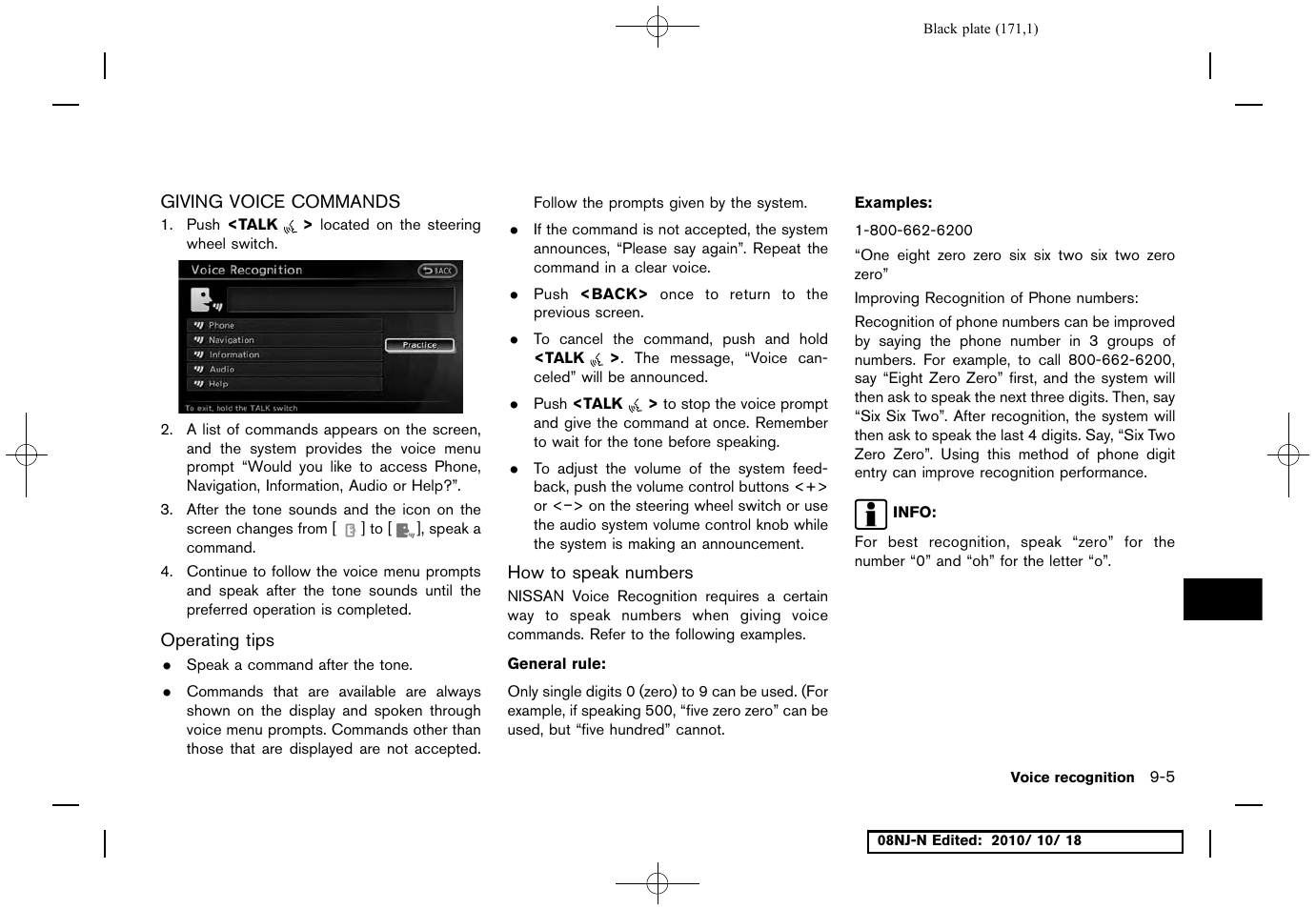 Giving voice commands, Operating tips, How to speak numbers | Giving voice commands -5 | NISSAN 2011 Maxima User Manual | Page 170 / 233